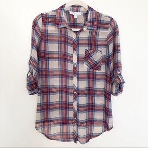 Olive & Oak Sheer Plaid Button Up Top Size Small